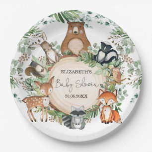 Plato De Papel Watercolor verde Woodland Animals Baby Shower