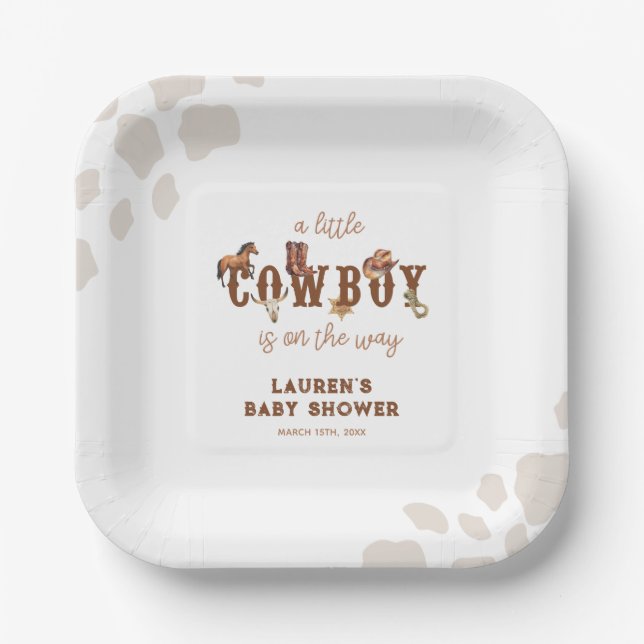 Plato De Papel Watercolor Western Little Cowboy Baby Shower (Anverso)