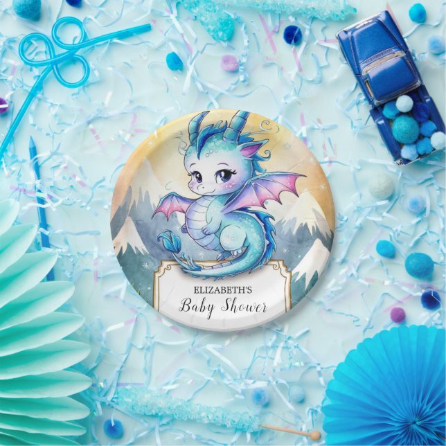 Plato De Papel Watercolor Whimsical Dragon Baby Shower (Fiesta)