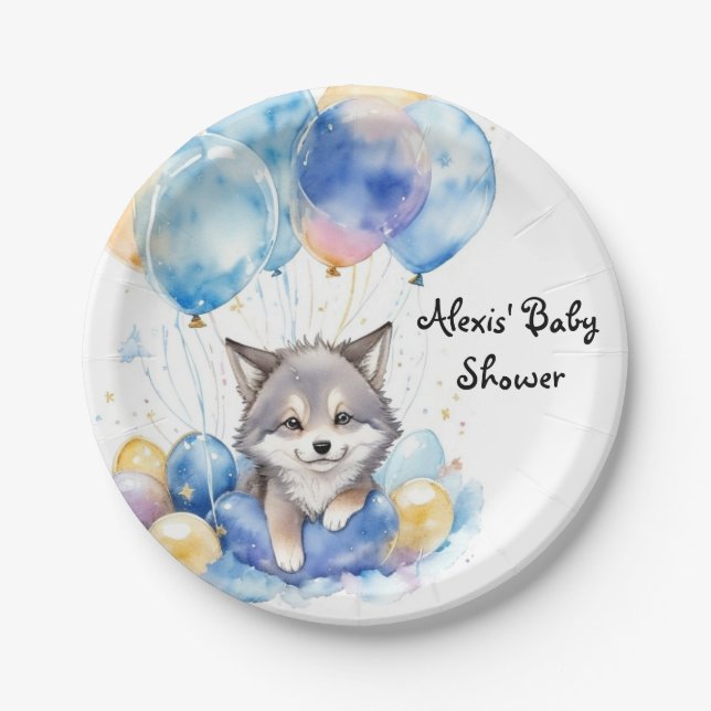 Plato De Papel Watercolor Whimsical Wolf Cub Baby Shower (Anverso)