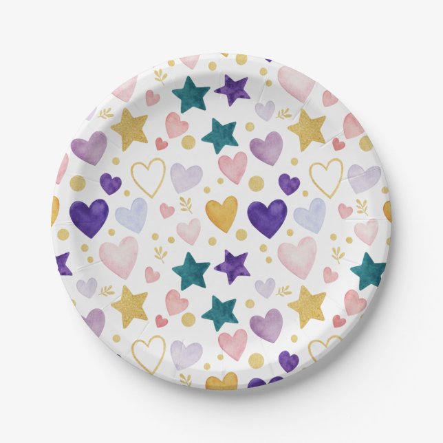 Plato De Papel Watercolor Whimsy Hearts & Stars (Anverso)