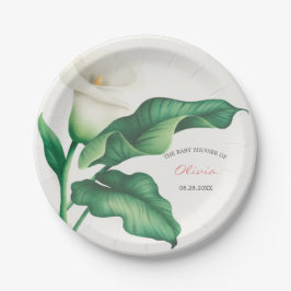 Plato De Papel Watercolor White Lilly Baby Shower