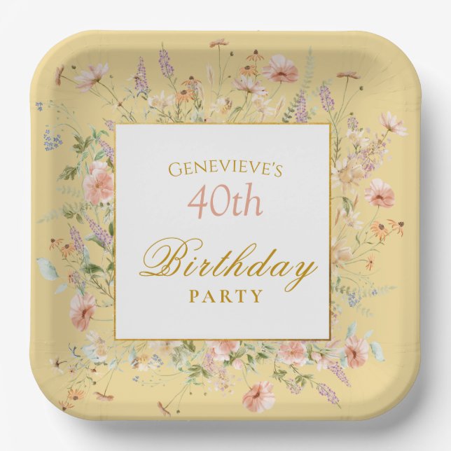 Plato De Papel Watercolor Wildflowers 40th Yellow Birthday (Anverso)