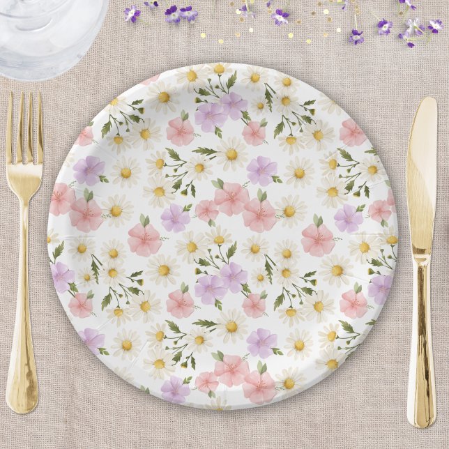 Plato De Papel Watercolor Wildflowers Daisies Baby Shower (Subido por el creador)