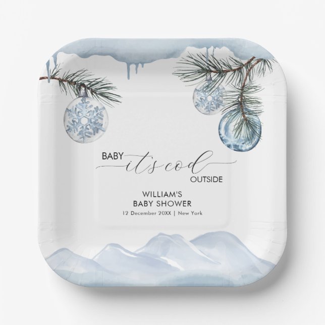 Plato De Papel Watercolor Winter Mountain Snowflake Baby Shower (Anverso)