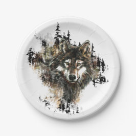 Plato De Papel Watercolor Wolf Mountain Animal Art