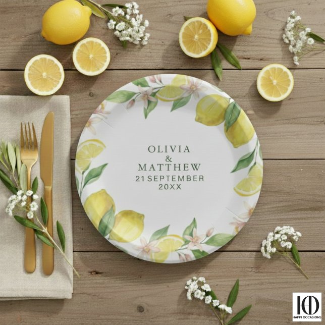 Plato De Papel Watercolor Wreath Mediterranean Citrus Wedding (Subido por el creador)