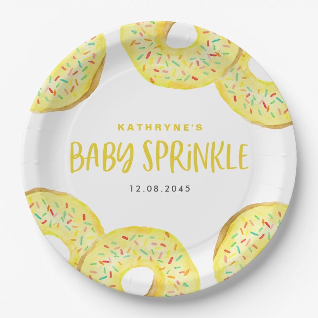 Plato De Papel Watercolor Yellow Sprinkle Donuts Baby Sprinkle (Anverso)