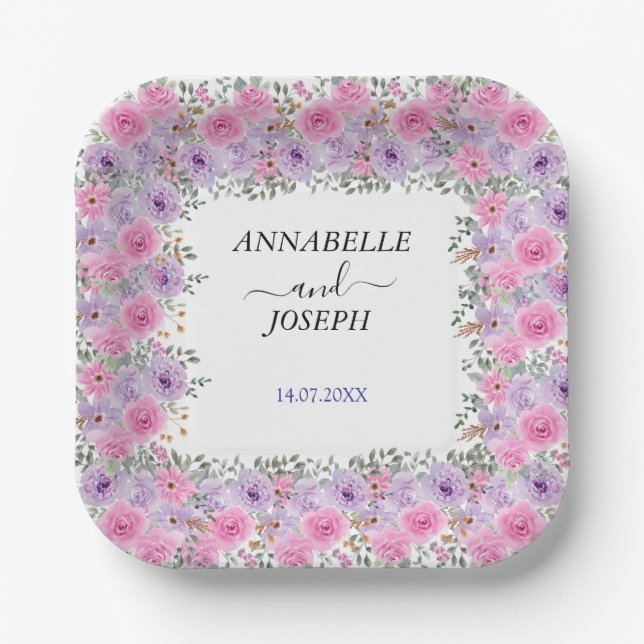 Plato De Papel watercolors Florals Modern Botanical Wedding (Anverso)