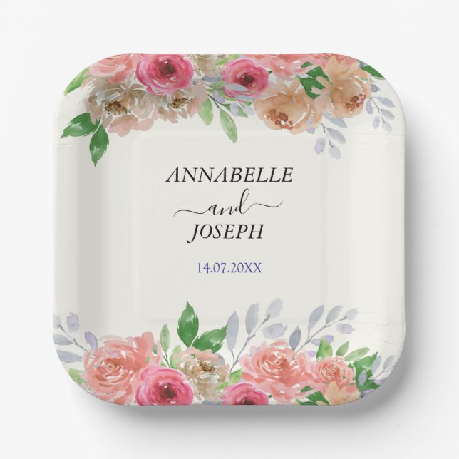 Plato De Papel watercolors Florals Modern Botanical Wedding (Anverso)