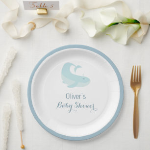 Plato De Papel Watercolour Blue WhaleOcean Fish Baby Shower