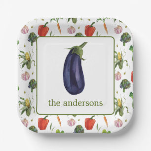 Plato De Papel Watercolour Organic Produce Eggplant