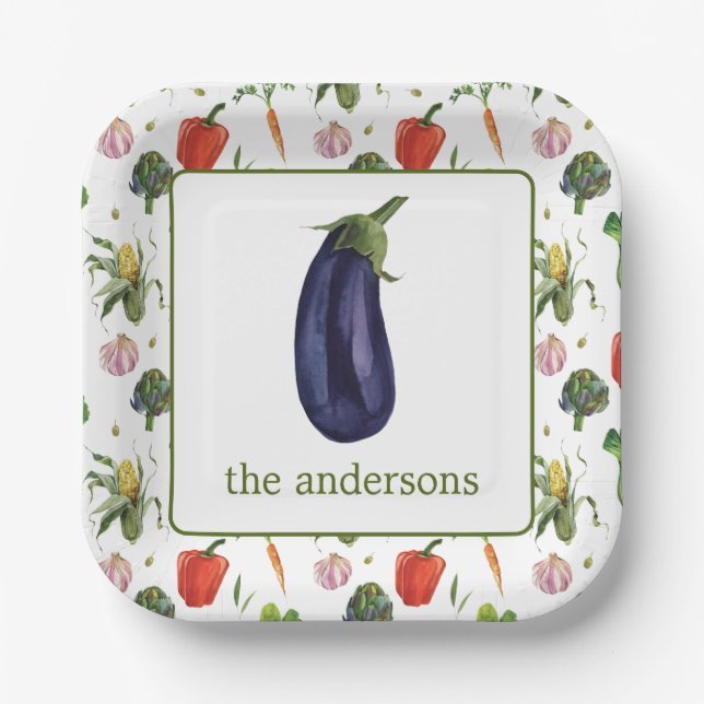 Plato De Papel Watercolour Organic Produce Eggplant (Anverso)