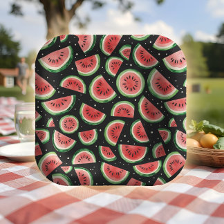 Plato De Papel Watermelon Summer Fiesta Juicy Watercolor En Negro