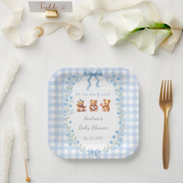 Plato De Papel We Can Bearly Wait Blue Gingham Baby Shower  (Boda)