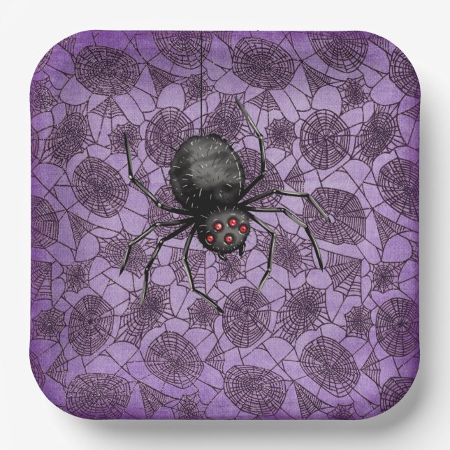 Plato De Papel Webs de araña de Halloween sobre morado (Anverso)