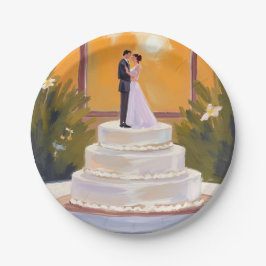 Plato De Papel Wedding Cake Bride & Groom Brunette Watercolor