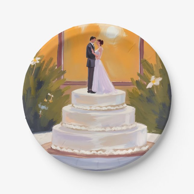 Plato De Papel Wedding Cake Bride & Groom Brunette Watercolor (Anverso)