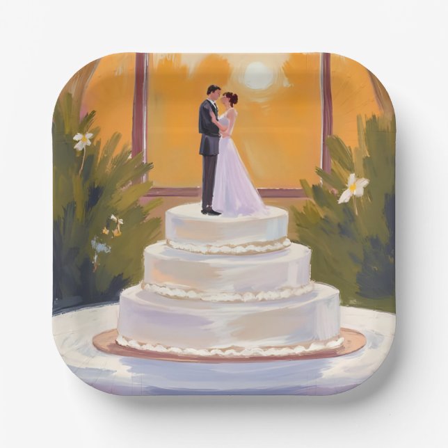 Plato De Papel Wedding Cake Bride & Groom Brunette Watercolor (Anverso)