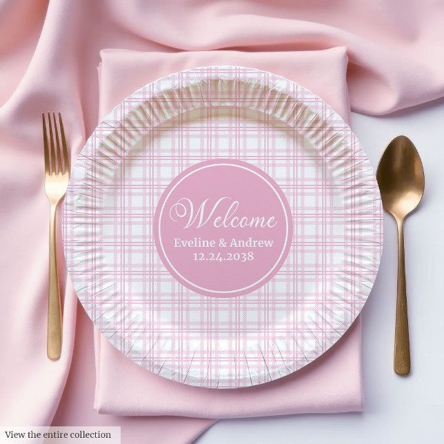 Plato De Papel Wedding Party Paper Plates Pink Tartan Minimalist  (Wedding Party Paper Plates Pink Tartan Minimalist Art)