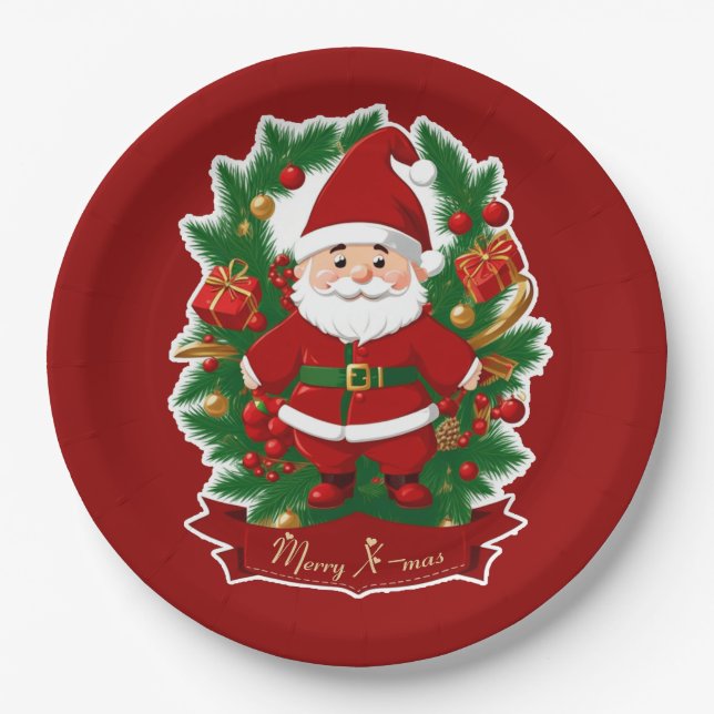 Plato De Papel Weihnachtsmann mit Tannenzweigen - (Anverso)