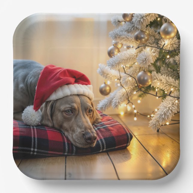 Plato De Papel Weimaraner de Navidad junto a un árbol (Anverso)