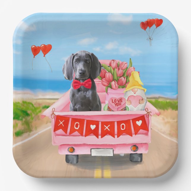 Plato De Papel Weimaraner Dog El día de San Valentín Truck Hearts (Anverso)