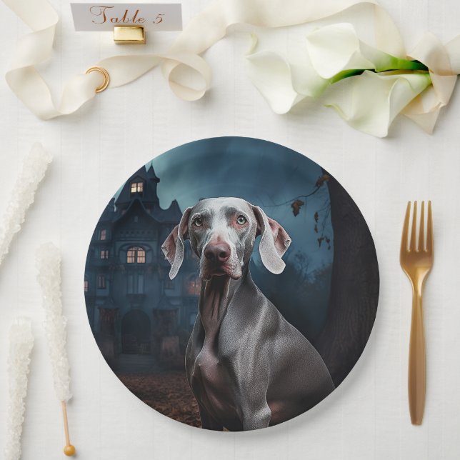 Plato De Papel Weimaraner Halloween Scary (Boda)