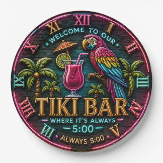 Plato De Papel Welcome to Our Tiki Bar Neon Tropical Parrot