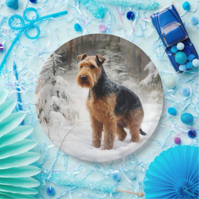 Plato De Papel Welsh Terrier Deja que nieve Navidad  (Fiesta)