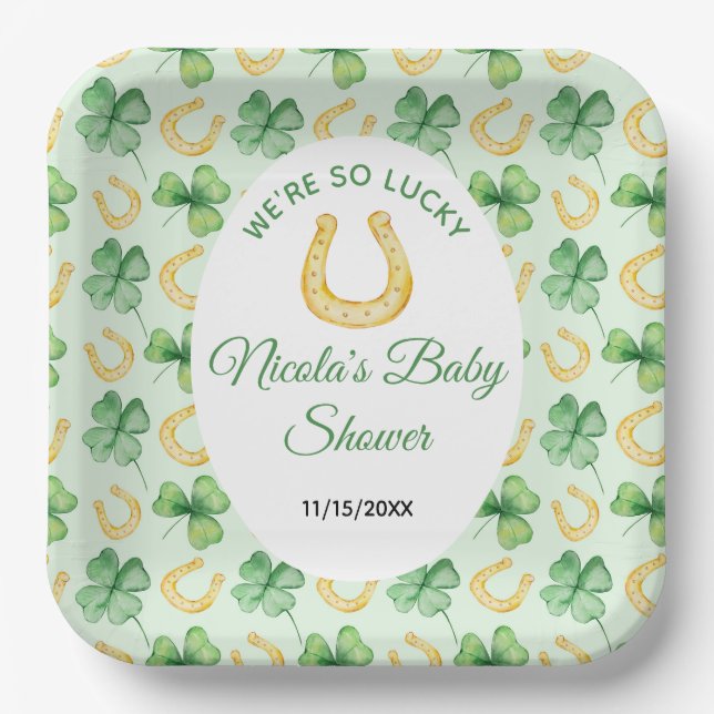 Plato De Papel We're So Lucky Horseshoe St Patrick's Baby Shower (Anverso)