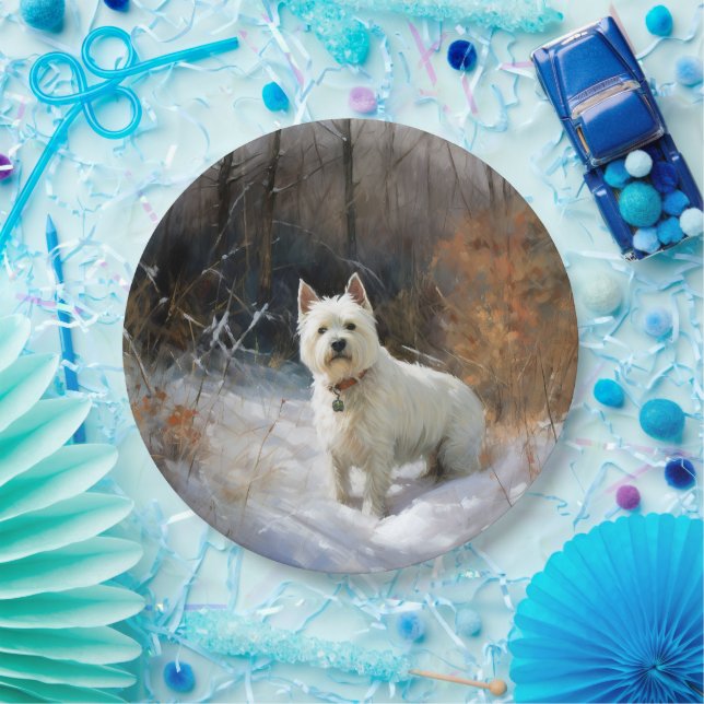 Plato De Papel West Highland White Terrier deja que nieve Navidad (Fiesta)