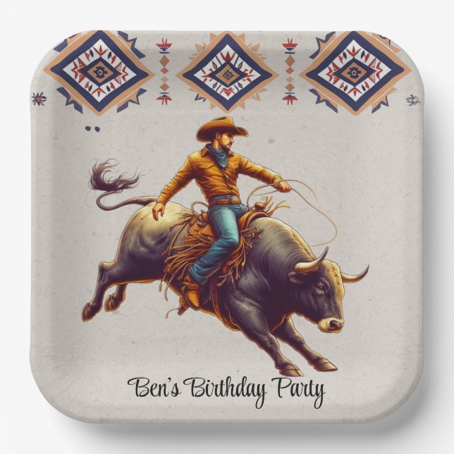 Plato De Papel Western Cowboy Bull Rider Aztec Birday Party (Anverso)