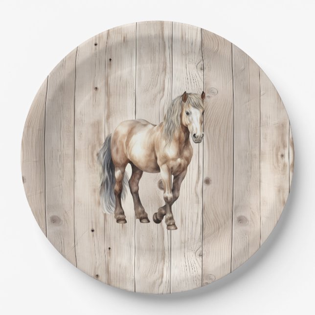 Plato De Papel Western Cowgirl Cowboy Horse Faux Wood (Anverso)