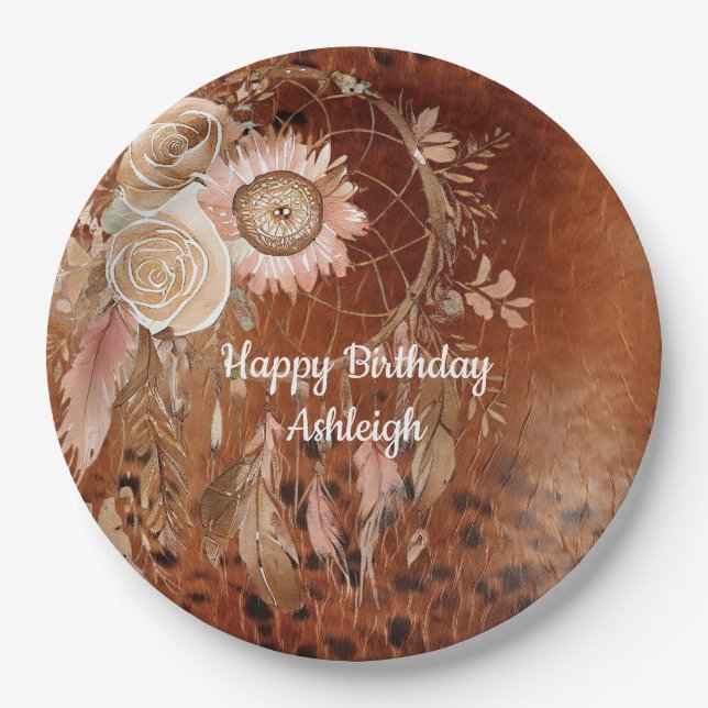 Plato De Papel Western Cowgirl Floral Dream Catcher Cumpleaños (Anverso)