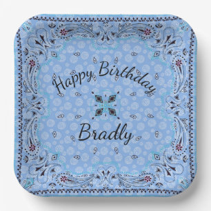Plato De Papel Western Paisley Blue Bandana Personalizado 9"