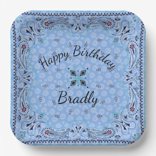 Plato De Papel Western Paisley Blue Bandana Personalizado 9" (Anverso)