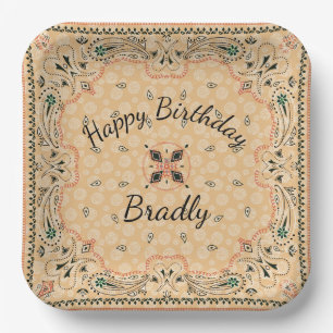 Plato De Papel Western Paisley Gold Bandana Personalizado 9"