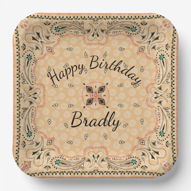Plato De Papel Western Paisley Gold Bandana Personalizado 9" (Anverso)