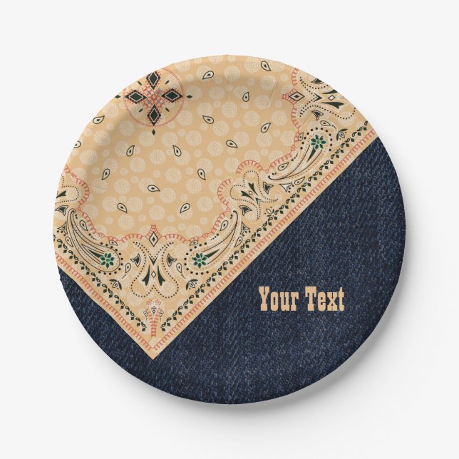 Plato De Papel Western Paisley Gold Bandana Print Denim Fiesta 7" (Anverso)