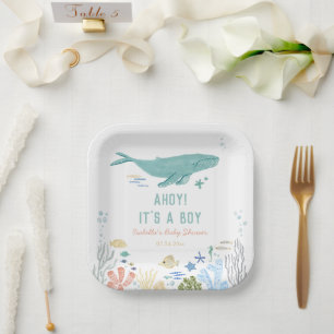 Plato De Papel Whale Ahoy es un chico Baby Shower