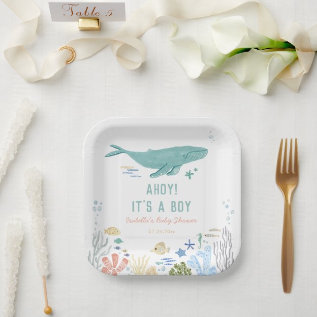 Plato De Papel Whale Ahoy es un chico Baby Shower (Boda)