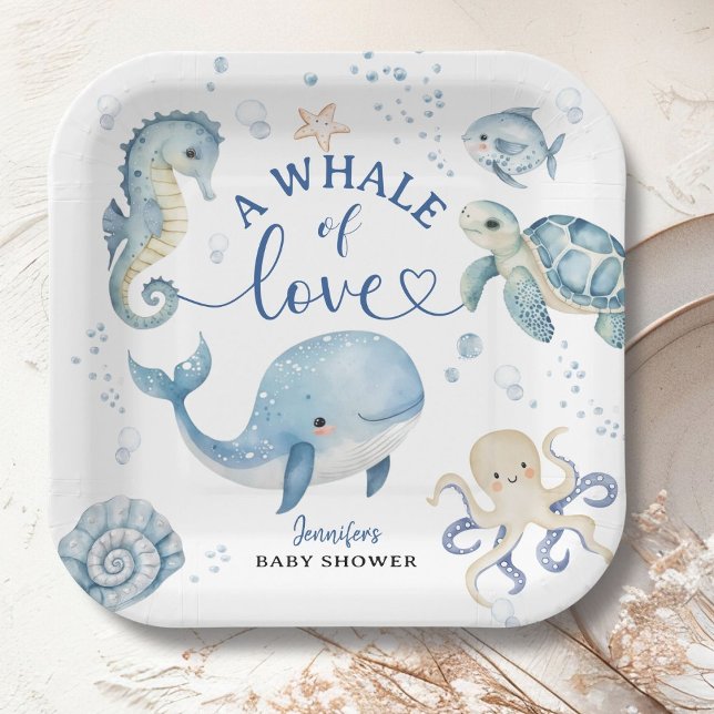Plato De Papel Whale Baby Shower Boy Blue Ocean (Subido por el creador)