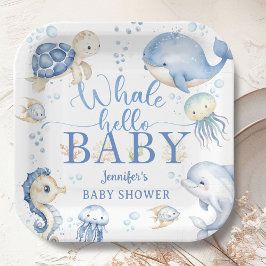 Plato De Papel Whale Hello Baby Shower Boy Blue Ocean
