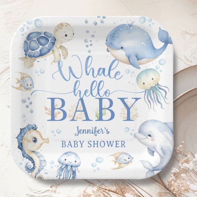 Plato De Papel Whale Hello Baby Shower Boy Blue Ocean (Subido por el creador)