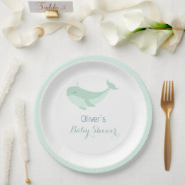 Plato De Papel Whale Watercolor Blue Green Baby Shower