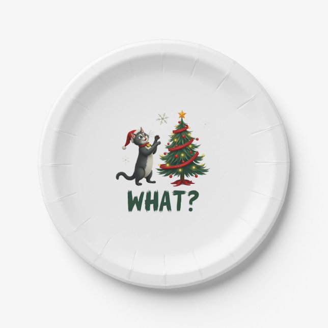 Plato De Papel What Funny Cat Pushing Christmas Tree Over Cat Xma (Anverso)