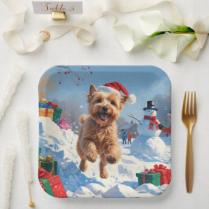 Plato De Papel Wheaten Terrier Running in Snow with Navidades Gor