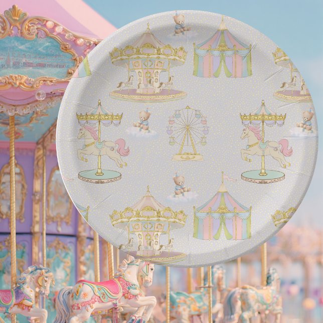 Plato De Papel Whimsical Amusement Park Carousel Baby Shower (Subido por el creador)