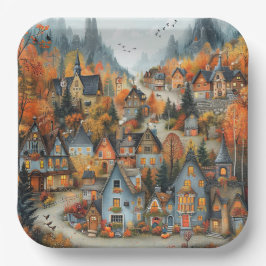 Plato De Papel Whimsical Autumn Village Forest Ilustracion
